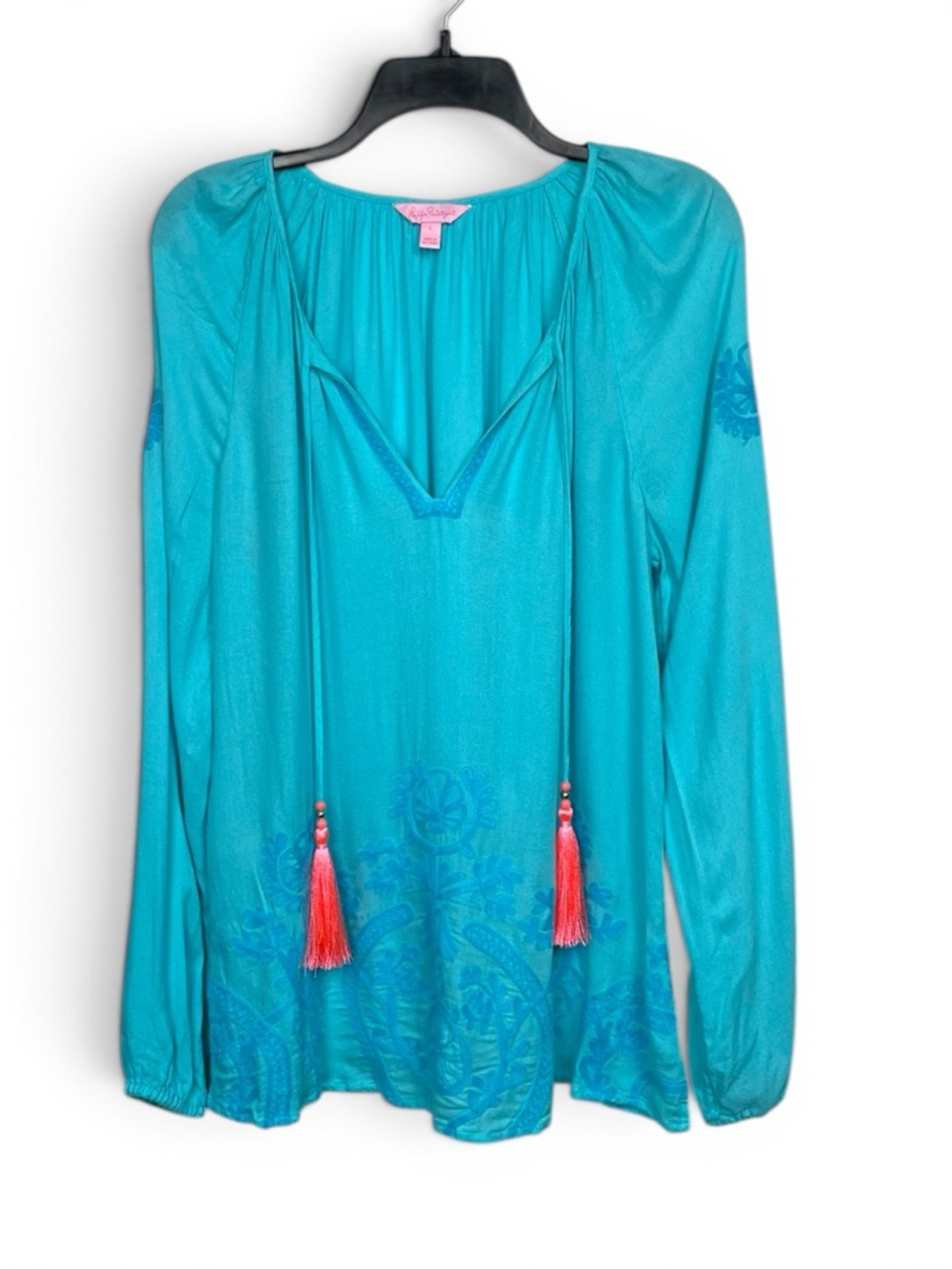 Lilly Pulitzer Aqua Blue Willa embroidered Gathered Neck Blouse size Large - Picture 2 of 7